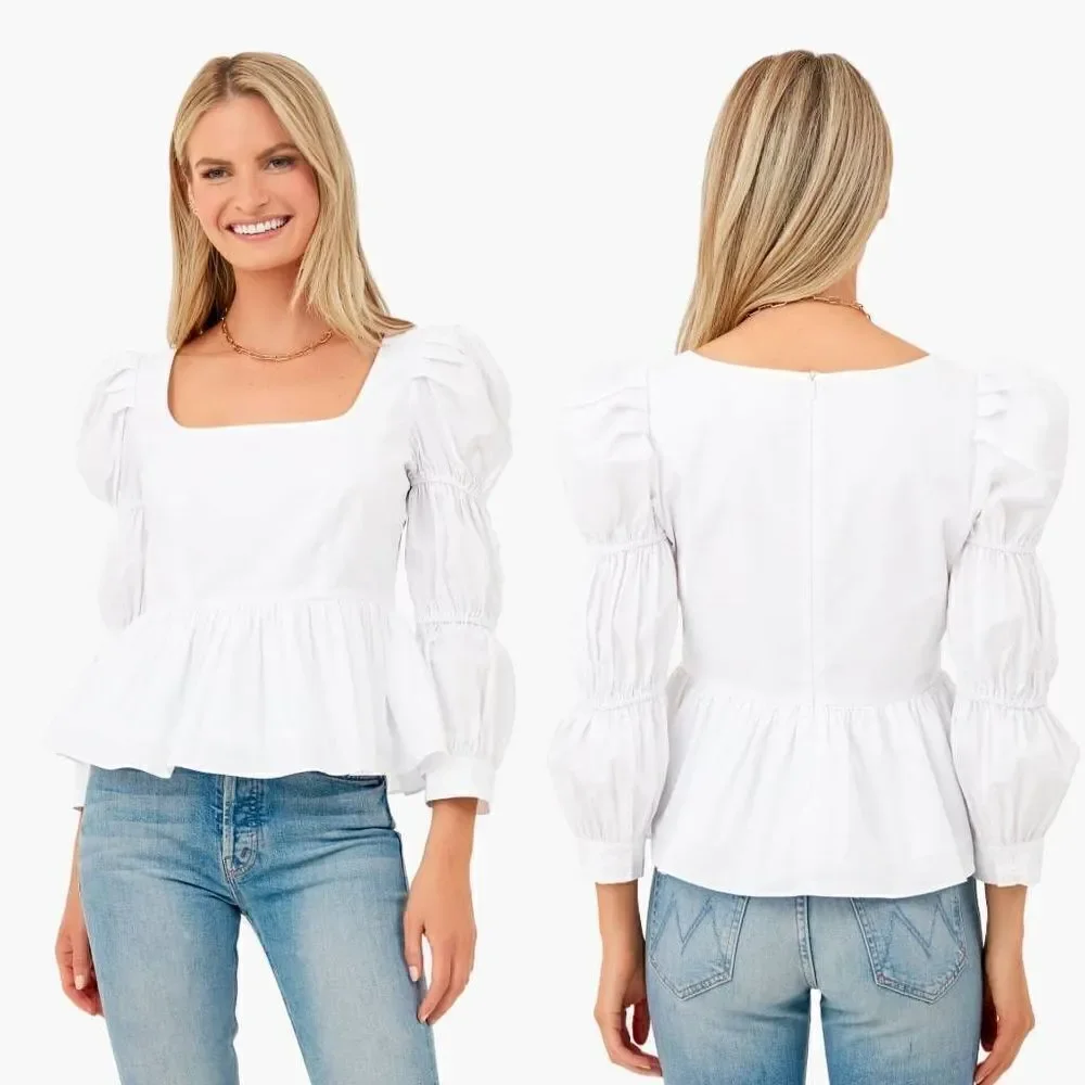 HYACINTH HOUSE White Clemons Long Sleeve Puff Blouse $128 S